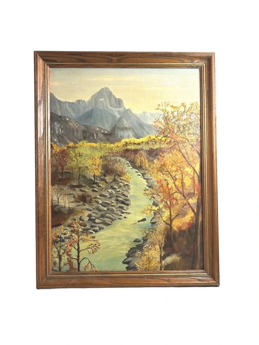 Vintage Landscape Oil Painting in Wooden Frame